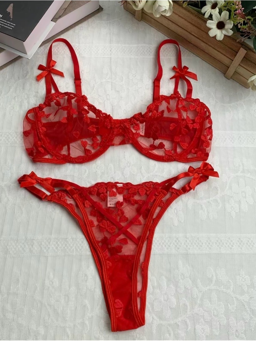 NWT Red Floral Lace Sheer Bra & Thong Set - Women Intimates
